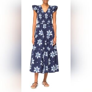 Sea Navy Isla Print Smocked Tiered Midi Dress Size 6 Excellent EUC
